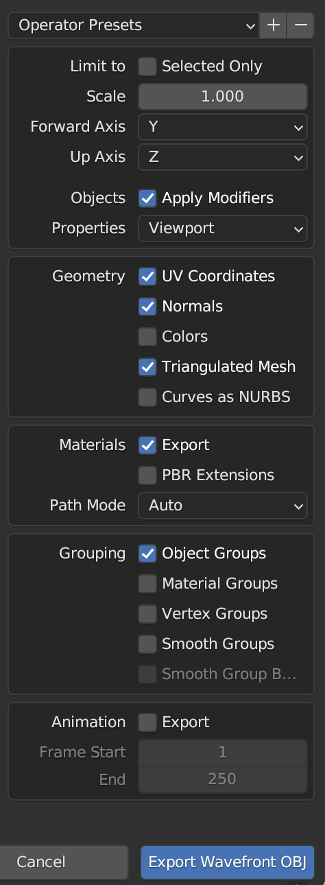 Export settings